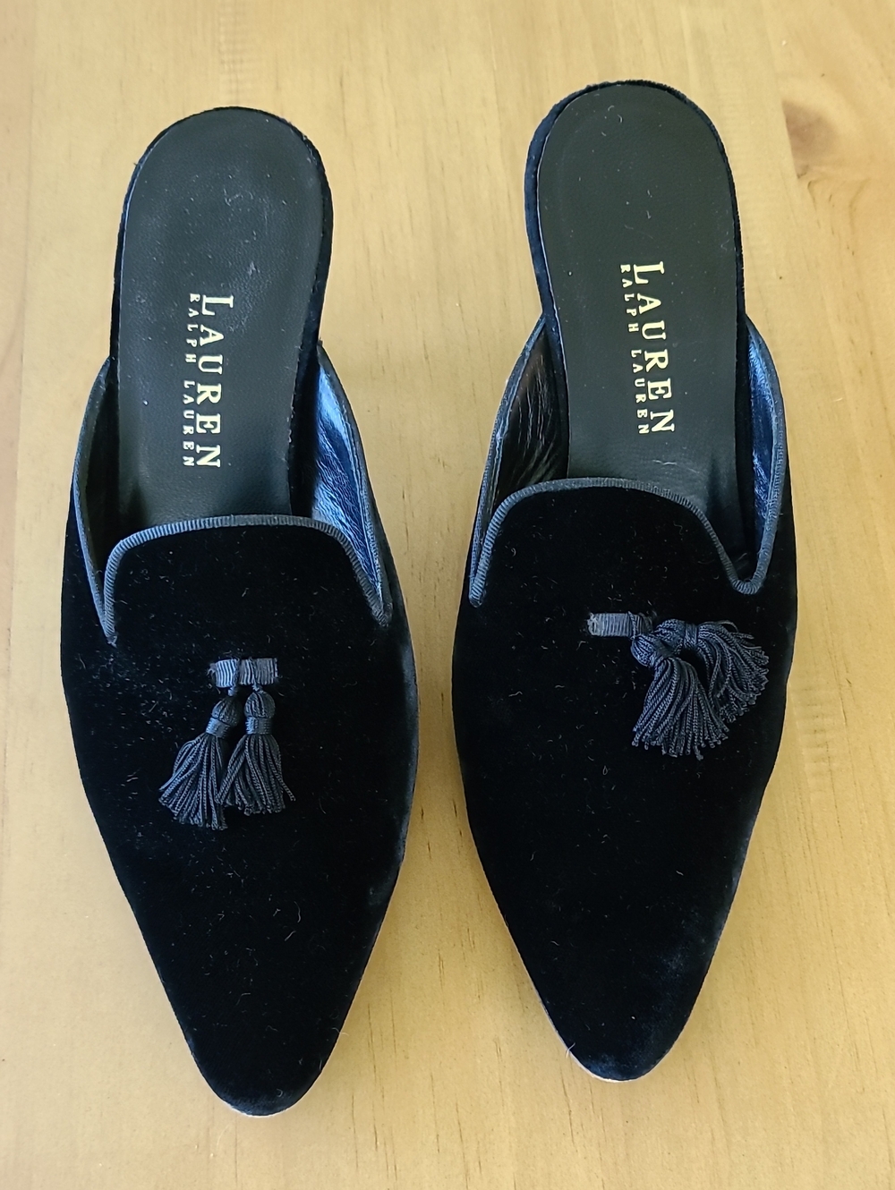 Lauren Ralph Lauren Black Velvet Tassel Pointed Mules 8B